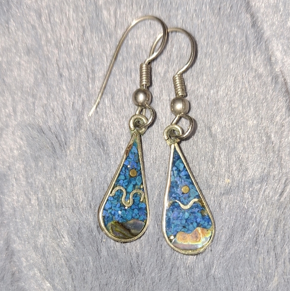 Vintage Mexico silver Teardrop Inlaid Turquoise hook earrings mexico Alpaca - Picture 8 of 8